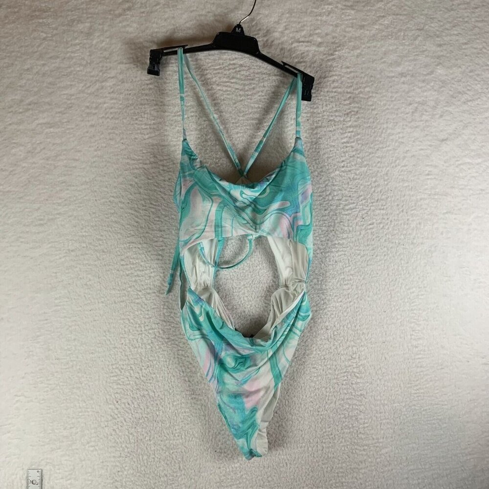 Aqua One Piece Swimsuit Women Large Multicolor Swirl Print Cutout Stretch S9788